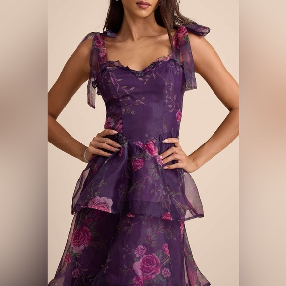 NWT Fairytale Cutie Purple Floral Tie-Strap Tiered Midi Dress Sz XS, S - Picture 4 of 16